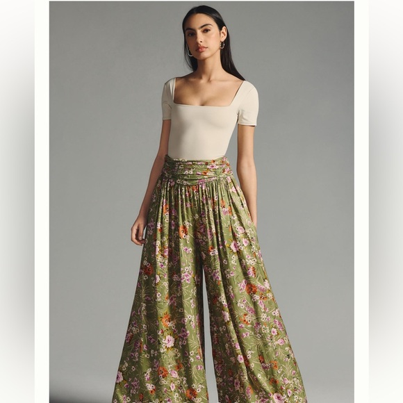 Anthropologie Pants - ANTHROPOLOGIE Luxurious Flowy Wide-Leg Pants in Olive Green, Size 12
